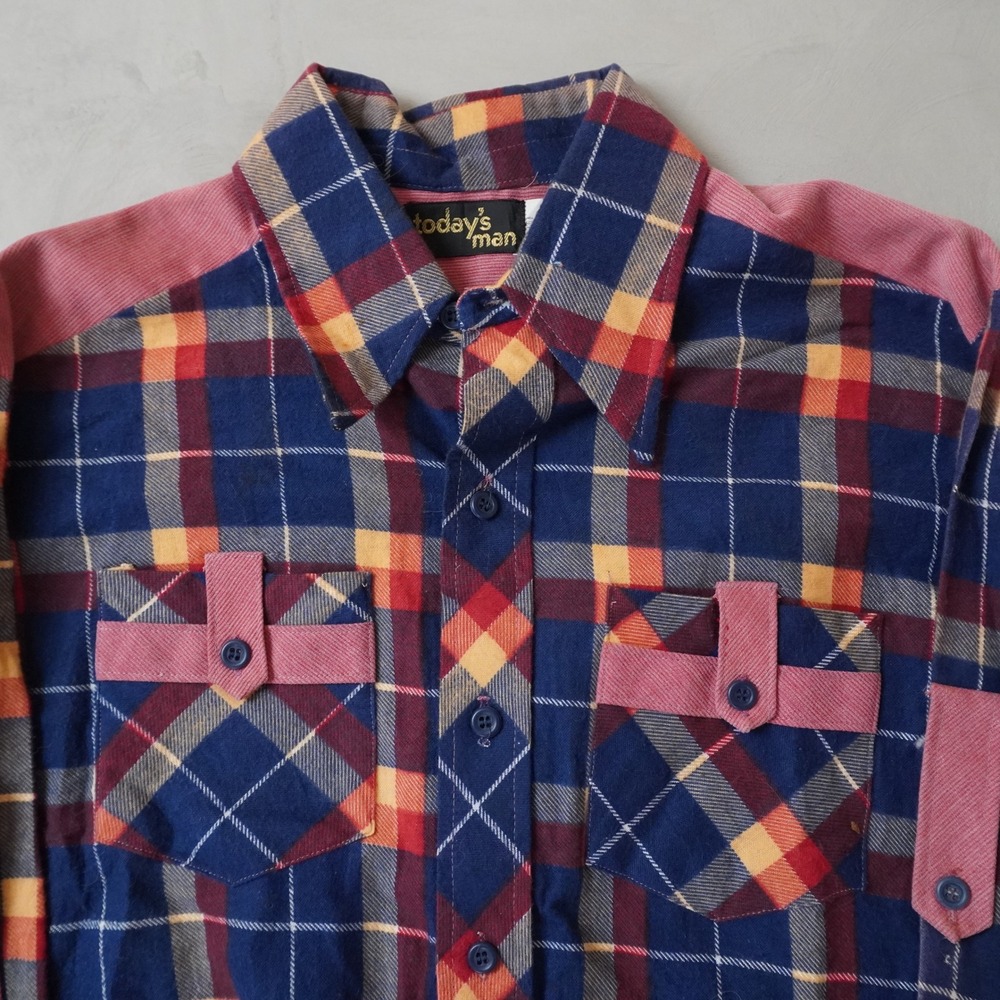 Vintage Todays Man Plaid Flannel Shirt L Mens 70s Blue Pink Corduroy USA Made - Picture 3 of 7